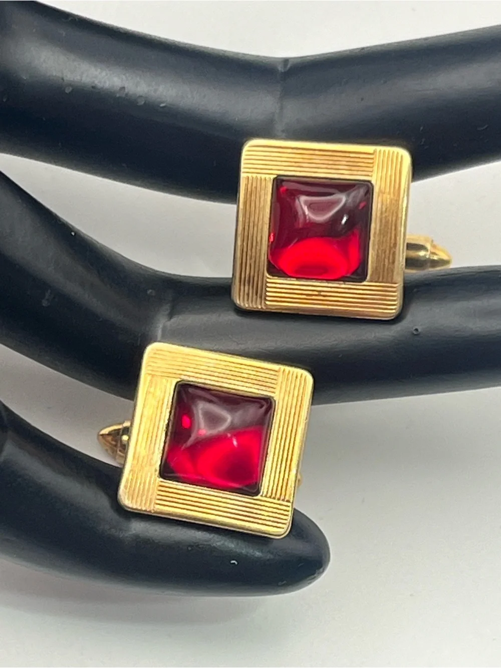 Krementz red lucite gold tone square textured vintage MCM cufflinks